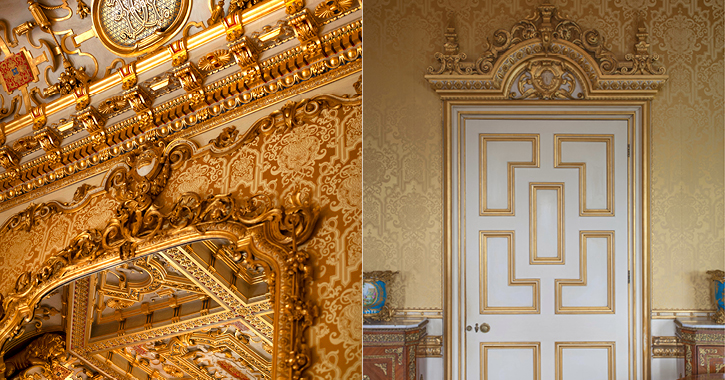 close up view of Octagon Drawing Room ceiling  and Door inside Raby Castle